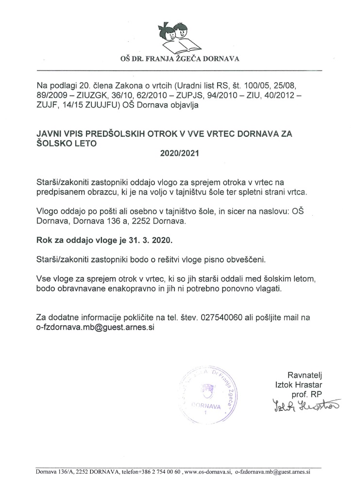 JAVNI VPIS PREDŠOLSKIH OTROK V VVE VRTEC DORNAVA ZA ŠOLSKO LETO 2020-2021